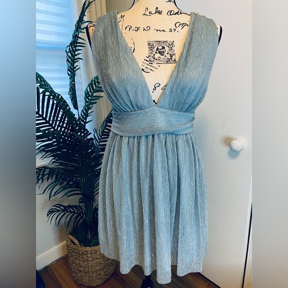 LULUS Ailey Gold and Teal Blue Skater Dress - Picture 10 of 15